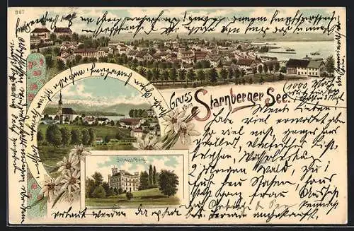 Lithographie Starnberg /Starnberger See, Teilansicht, Schloss Berg, Ortspartie