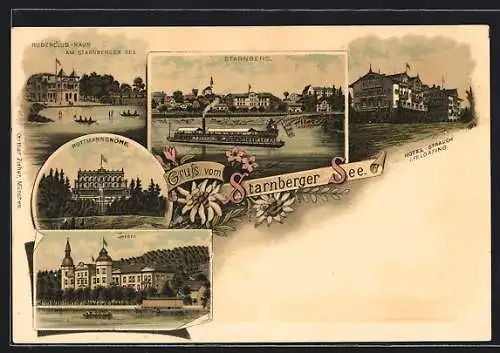 Lithographie Starnberg /Starnberger See, Hotel Leoni, Ruderclub-Haus, Rottmannshöhe