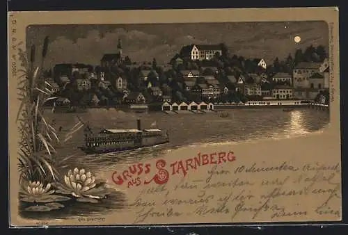 Mondschein-Lithographie Starnberg /Starnberger See, Uferpartie mit Kirche