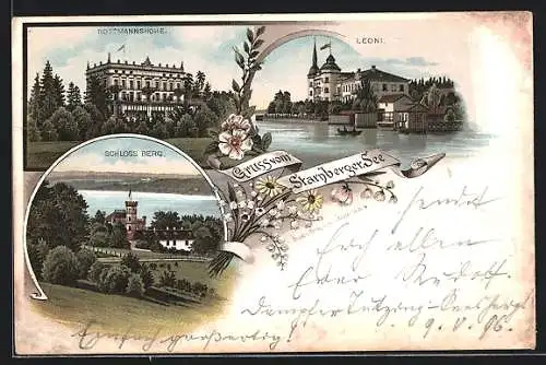 Lithographie Starnberg, Hotel Rottmannshöhe, Leoni, Schloss Berg