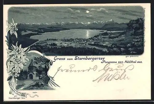 Lithographie Starnberg, Panorama vom Mühlthal aus gesehen