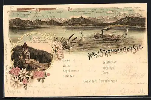 Lithographie Starnberg, Dampfer auf dem Starnbergersee, Votiv-Kapelle