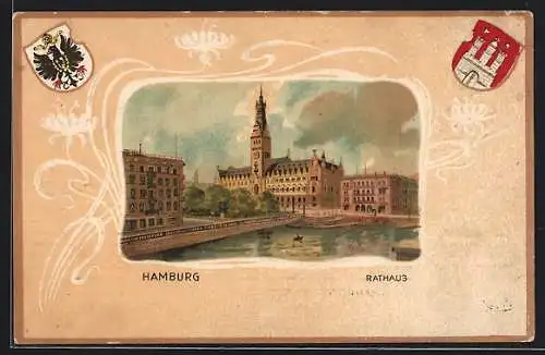 Passepartout-Lithographie Hamburg, Blick auf das Rathaus, Wappen