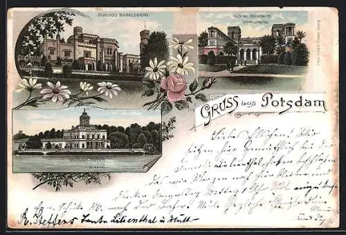 Lithographie Potsdam, Königliches Belvedere Pfingstberg, Schloss Babelsberg, Marmor-Palais und Havel