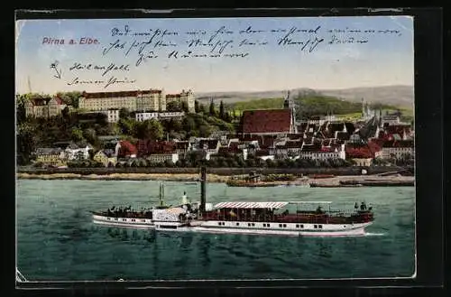 AK Pirna a. Elbe, Uferpartie mit Dampfer Königsberg