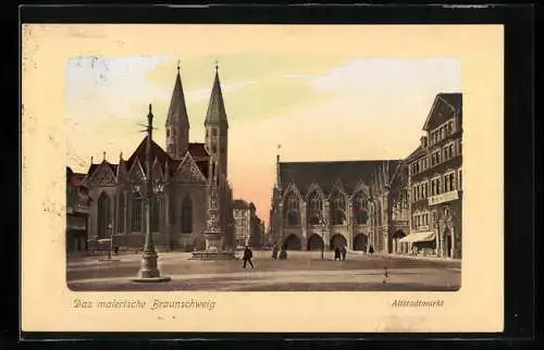 AK Braunschweig, Altstadtmarkt mit Geschäft und Kirche