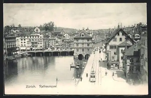 AK Zürich, Strassenbahn am Rathausquai