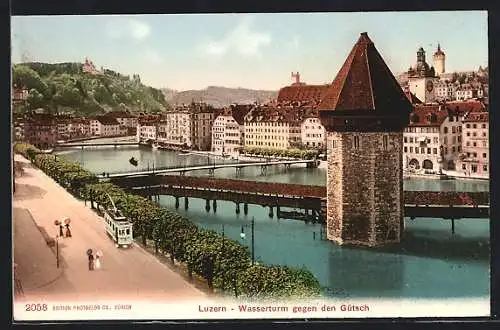 AK Luzern, Wasserturm gegen den Gütsch mit Strassenbahn
