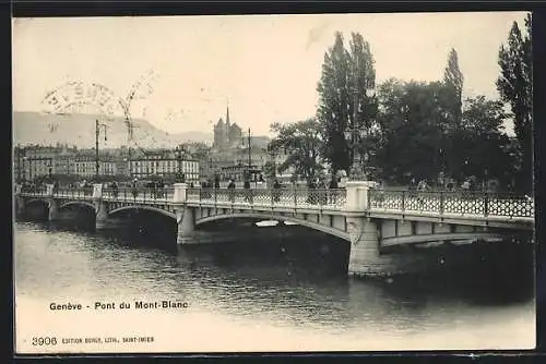 AK Genève, Pont du Mont-Blanc, Strassenbahn