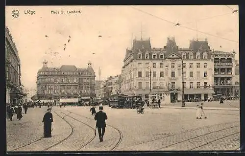 AK Liége, Place St. Lambert, Strassenbahn