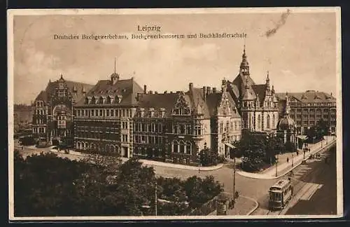 AK Leipzig, Deusches Buchgewerbeaus, Buchgewerbemuseum und Buchhändlerschule, Strassenbahn