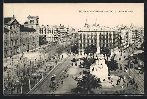 AK Barcelona, Plaza de la Universidad, Strassenbahn