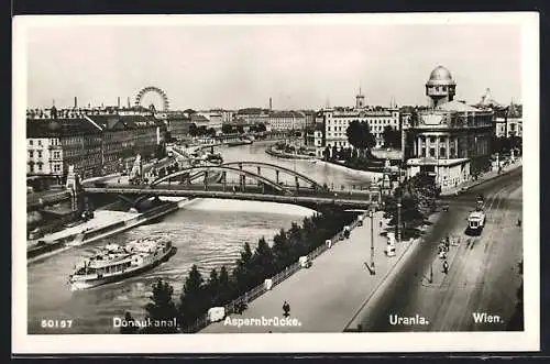 AK Wien, Donaukanal mit Aspernbrücke, Urania und Strassenbahn