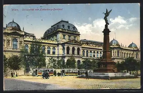 AK Wien, Strassenbahnen vor der Universität mit Liebenberg-Denkmal