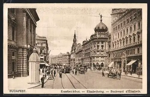 AK Budapest, Elisabethring, Strassenbahn