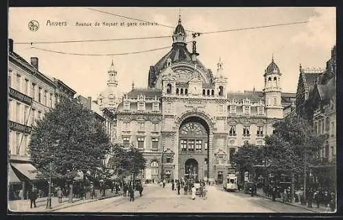 AK Anvers, Avenue de Keyser et gare centrale, Strassenbahn