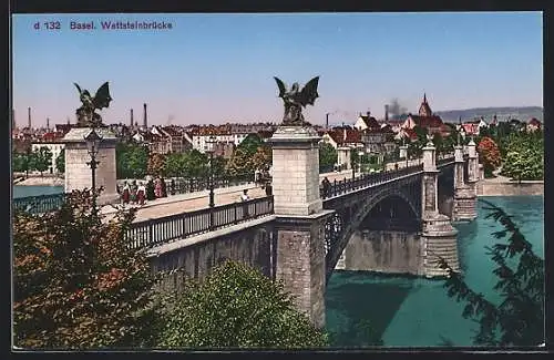 AK Basel, Wettsteinbrücke mit Strassenbahn