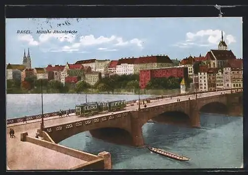 AK Basel, Mittlere Rheinbrücke mit Strassenbahn