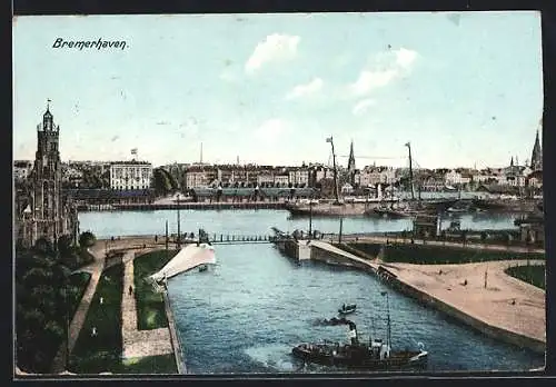 AK Bremerhaven, Teilansicht mit Hafen