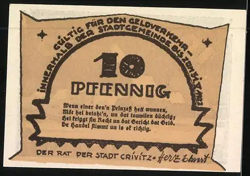 Notgeld Crivitz 1921, 10 Pfennig Reutergeld, Ortsansicht