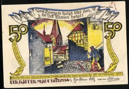 Notgeld Bützow 1921, 50 Pfennig Reutergeld, Schäfer mit Schafherde im Ort und Ortsansicht