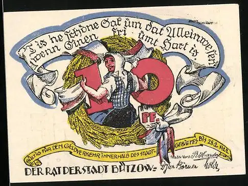 Notgeld Bützow 1922, 10 Pfennig Reutergeld, Bäuerin mit Getreide und Wappen