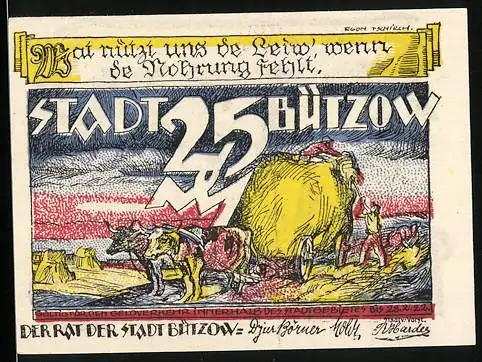 Notgeld Bützow 1922, 25 Pfennig Reutergeld, Ochsenkarren mit Stroh, Mann auf der Leiter