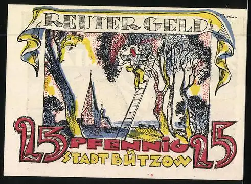 Notgeld Bützow 1922, 25 Pfennig Reutergeld, Ochsenkarren mit Stroh, Mann auf der Leiter