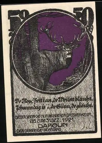 Notgeld Dargun 1921, 50 Pfennig Reutergeld, Hirsch im Wald und Kirche