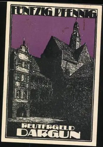 Notgeld Dargun 1921, 50 Pfennig Reutergeld, Hirsch im Wald und Kirche