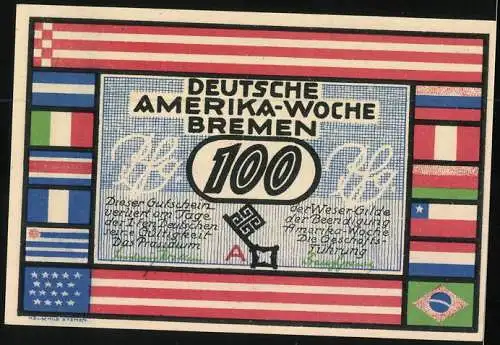 Notgeld Bremen, 100 Pfennig, Rathaus Deutsche Amerika Woche Frühjahr 1923