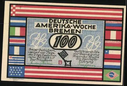 Notgeld Bremen 1923, 100 Pfennig, Deutsche Amerika Woche Frühjahr 1923, Ortsansicht New York