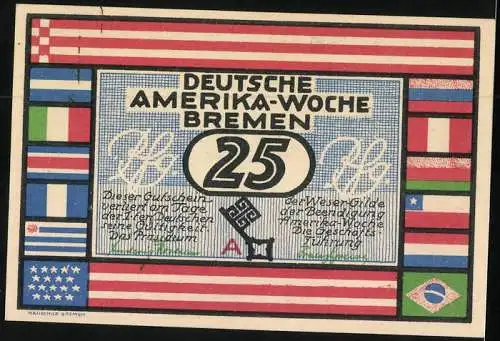 Notgeld Bremen 1923, 25 Pfennig, Stadtansicht, Deutsche Amerika Woche Frühjahr 1923