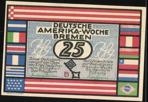 Notgeld Bremen 1923, 25 Pfennig, Stadtansicht Santiago De Chile, Deutsche Amerika Woche Frühjahr 1923
