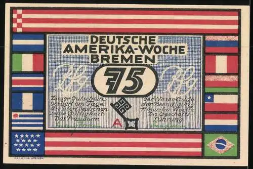 Notgeld Bremen, 75 Pfennig, Hafen in Bremerhaven, Deutsche Amerika Woche Frühjahr 1923
