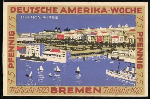 Notgeld Bremen 1923, 75 Pfennig, Stadtansicht Buenos Aires, Deutsche Amerika Woche Frühjahr 1923