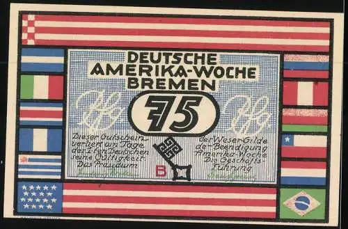 Notgeld Bremen 1923, 75 Pfennig, Stadtansicht Buenos Aires, Deutsche Amerika Woche Frühjahr 1923