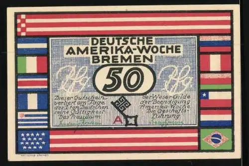 Notgeld Bremen, 50 Pfennig, Werft in Vegesack, Deutsche Amerika Woche Frühjahr 1923