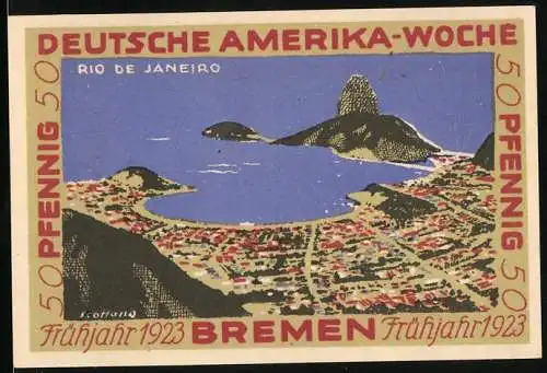Notgeld Bremen 1923, 50 Pfennig, Stadtansicht Rio De Janeiro, Deutsche Amerika Woche Frühjahr 1923