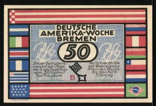 Notgeld Bremen 1923, 50 Pfennig, Stadtansicht Rio De Janeiro, Deutsche Amerika Woche Frühjahr 1923