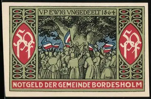 Notgeld Bordesholm 1921, 50 Pfennig, Demonstration unterm Baum und Wappen