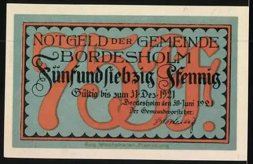Notgeld Bordesholm 1921, 75 Pfennig, Angler im Boot