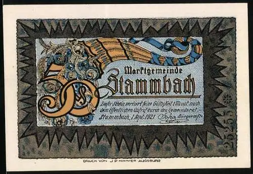 Notgeld Stammbach 1921, 50 Pfennig, junge Frau mit Getreide