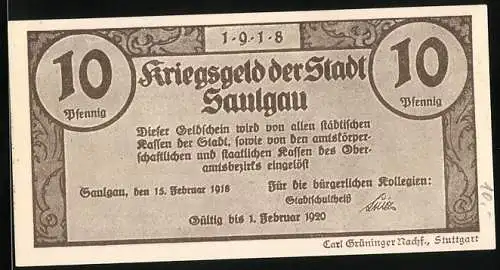 Notgeld Saulgau 1918, 10 Pfennig, Glocken zu der teuren Heimat Wehr