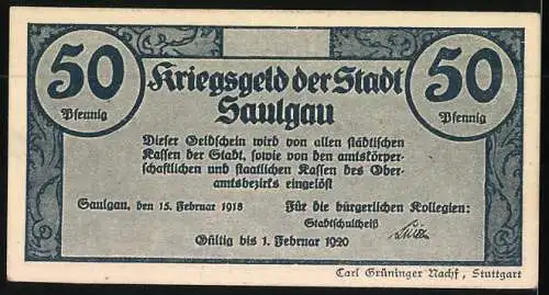 Notgeld Saulgau 1918, 50 Pfennig, Mutter mit Hacke, Soldaten schützen Haus und Herd