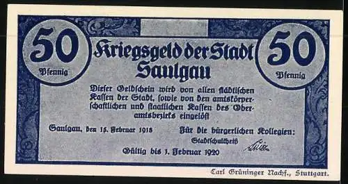 Notgeld Saulgau 1918, 50 Pfennig, Mutter mit Hacke, Soldaten schützen Haus und Herd