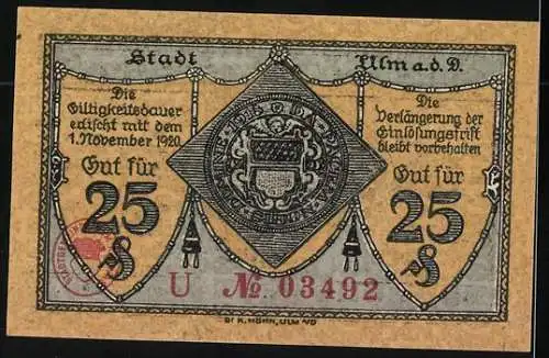 Notgeld Ulm a. D. 1918, 25 Pfennig, Ortspartie und Wappen