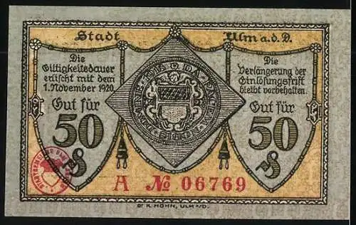Notgeld Ulm a. D. 1918, 50 Pfennig, Rathaus und Wappen
