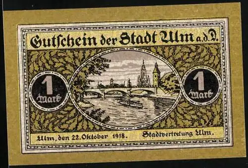 Notgeld Ulm a. D. 1918, 1 Mark, Ortspartie an der Donau und Wappen