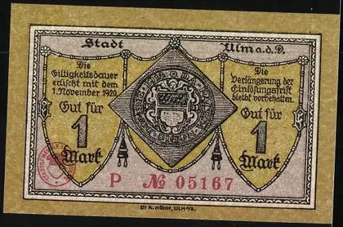 Notgeld Ulm a. D. 1918, 1 Mark, Ortspartie an der Donau und Wappen